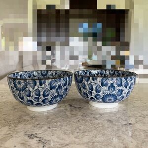 Set of 2 Japanese Blue White Floral Bowls